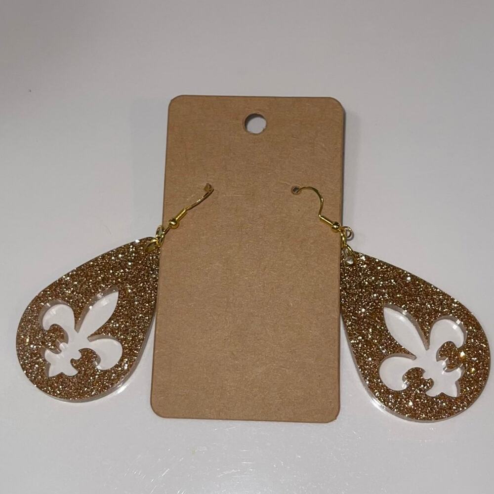 Handmade epoxy resin dangle fleur de lis earrings - gold glitter